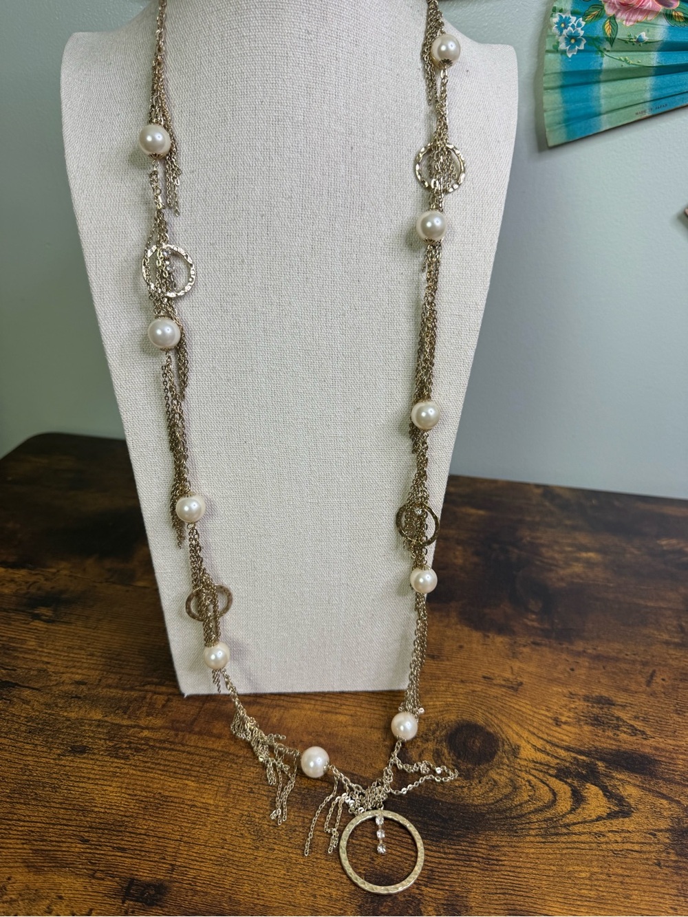 Gold-Tone Fringe Chain Necklace with Pearl Accents and Textured Rings